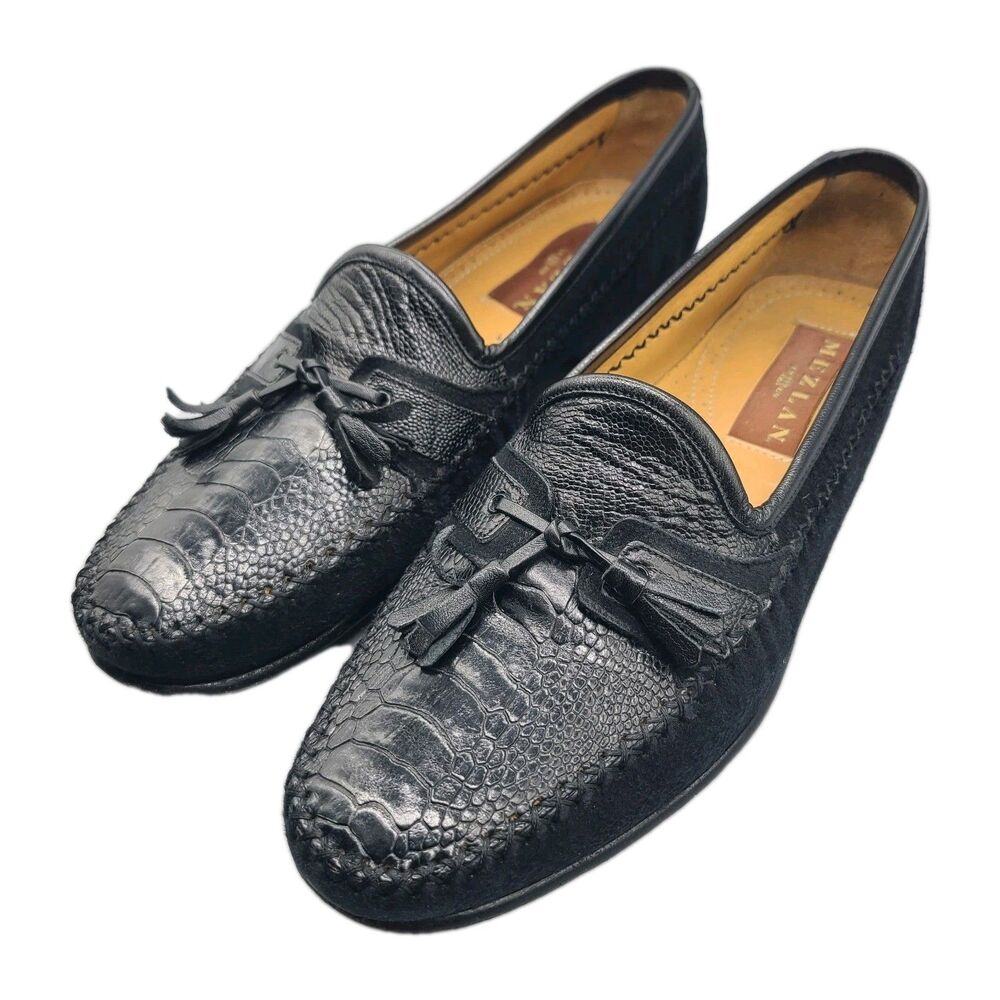Men’s Mezlan Size 9 M Ostrich Leather/ Suede Black Tassel Loafer Slip Ons Shoes
